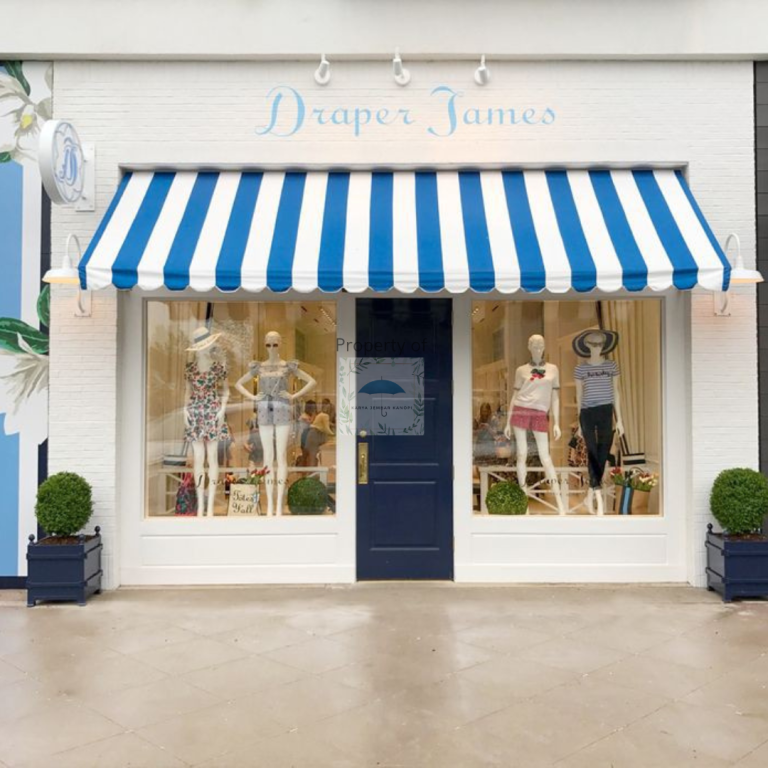 Kanopi kain sunbrella motif garis biru-putih untuk pelindung jendela rumah