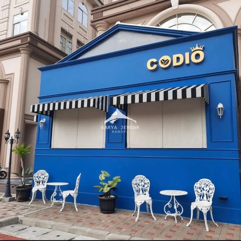 Kanopi kain minimalis elegan untuk rumah dan café dengan bahan berkualitas dari Karya Jembar Kanopi